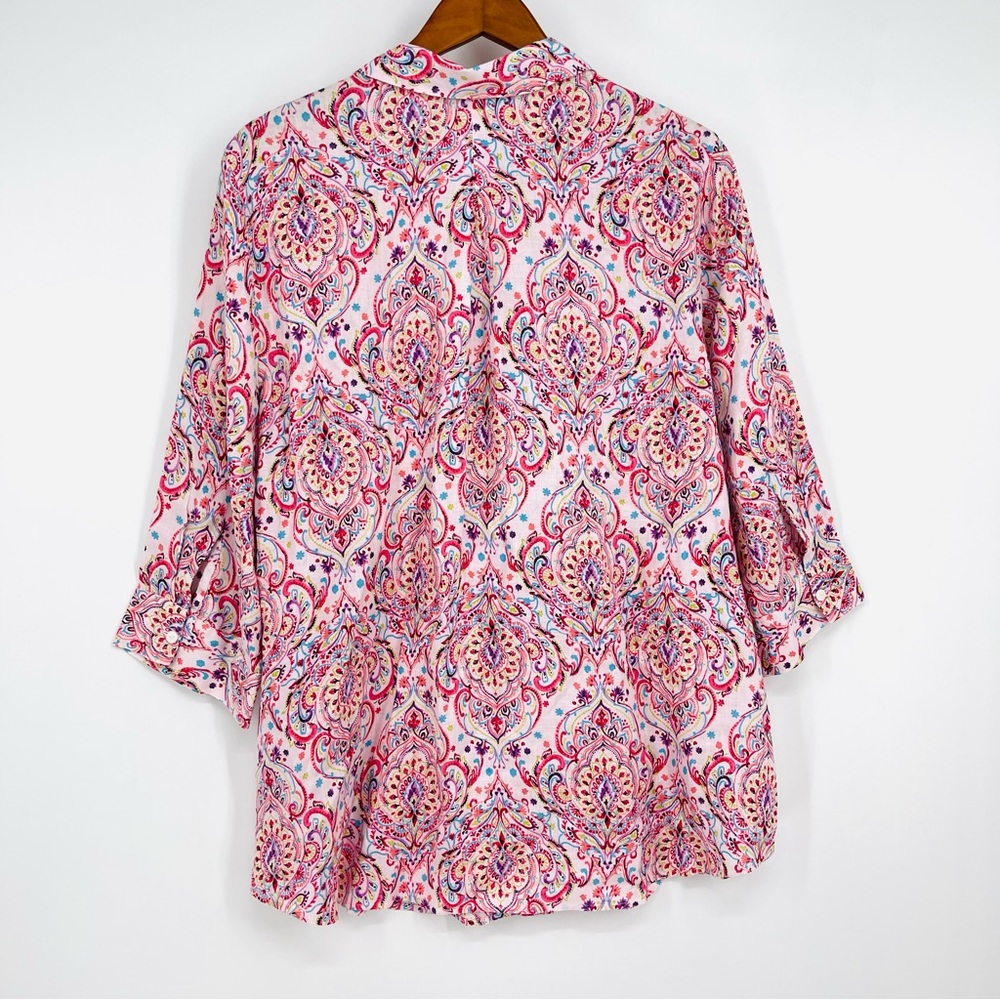 Chico’s Paisley Print No-Iron 100% Linen Tunic Top Button Shirt Size 3, XL, 1X - Picture 5 of 14